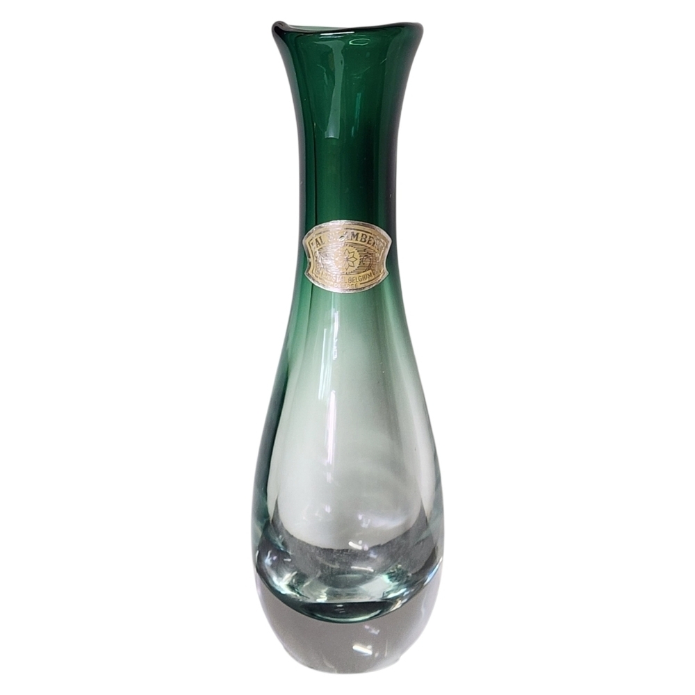 SIGNED Val St Lambert Crystal EMERALD GREEM GRADIENT OMBRE Original Sticker 9.5"